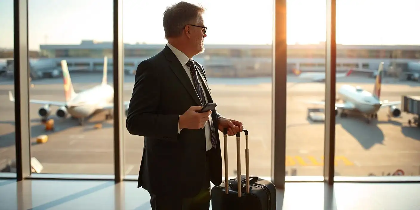 homem com mala em aeroporto para ilustrar texto sobre turismo corporativo