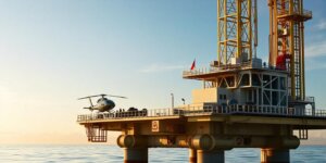 helicopter em plataforma de petróleo para ilustrar texto de atendimento offshore