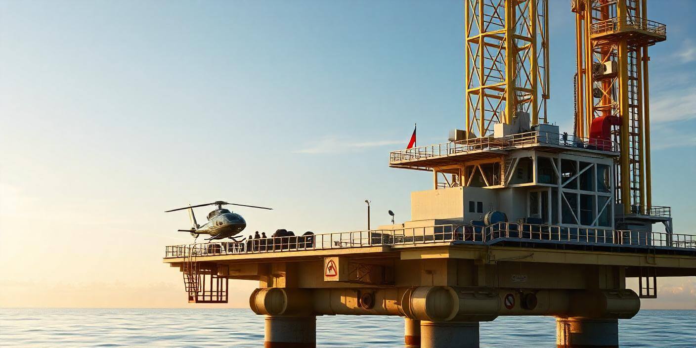 helicopter em plataforma de petróleo para ilustrar texto de atendimento offshore