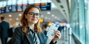 funcionária em aeroporto com passagem na mão para ilustrar texto sobre programa de milhas para empresas